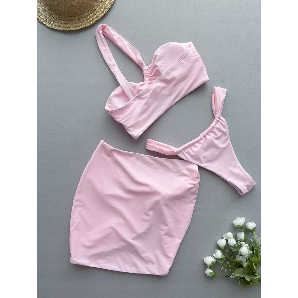 One 2025 New shoulder Hollow Bikini Set Beach Cover Up Sexy Three Pieces Swimsuit Backless Biquini Swim Suits Beachwear