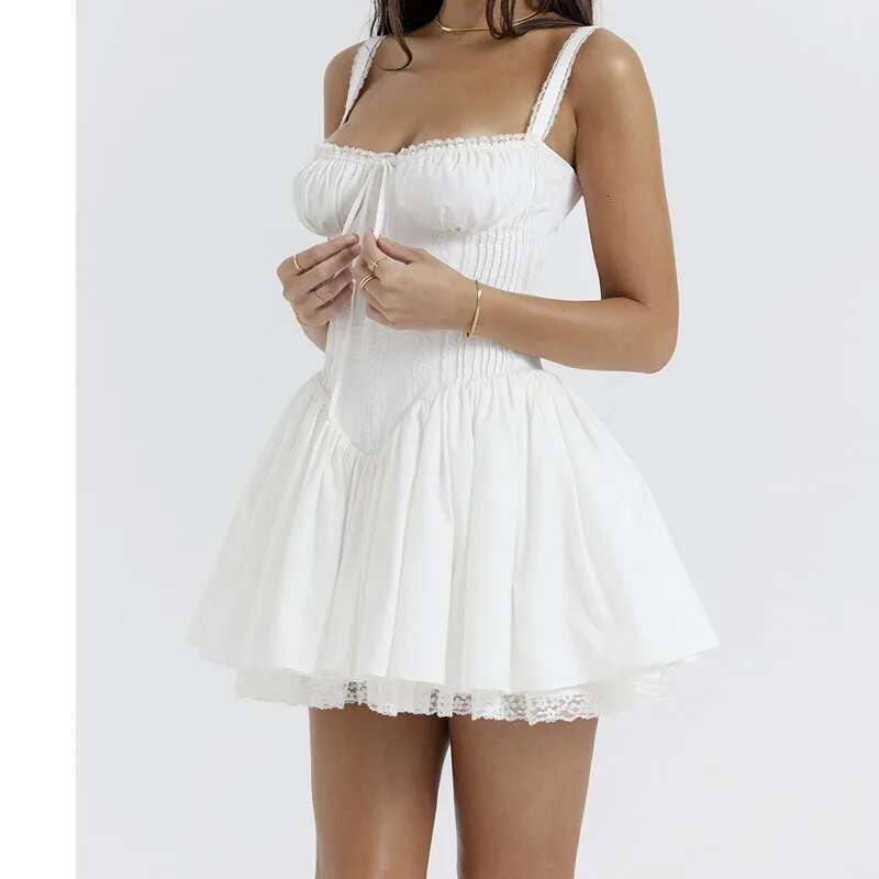 Summer Sleeveless 2025 New Fashion Bandage Party White Lace Cotton Loose Streetwear Print High Waist Sexy Dress F00068