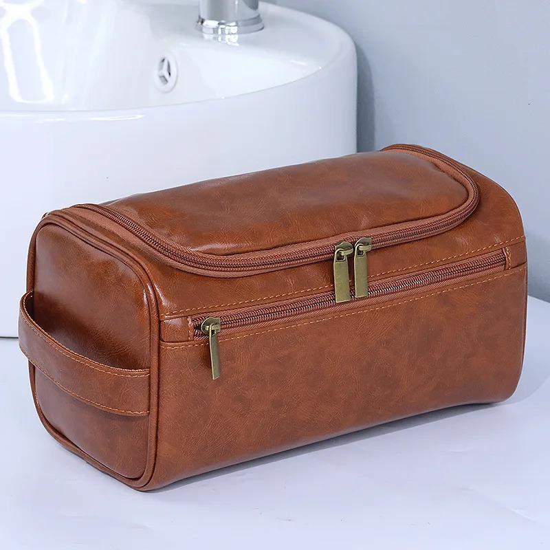 Leather mens business portable toilet bag hanging for womens travel large storage cosmetic waterproof face wash 250326