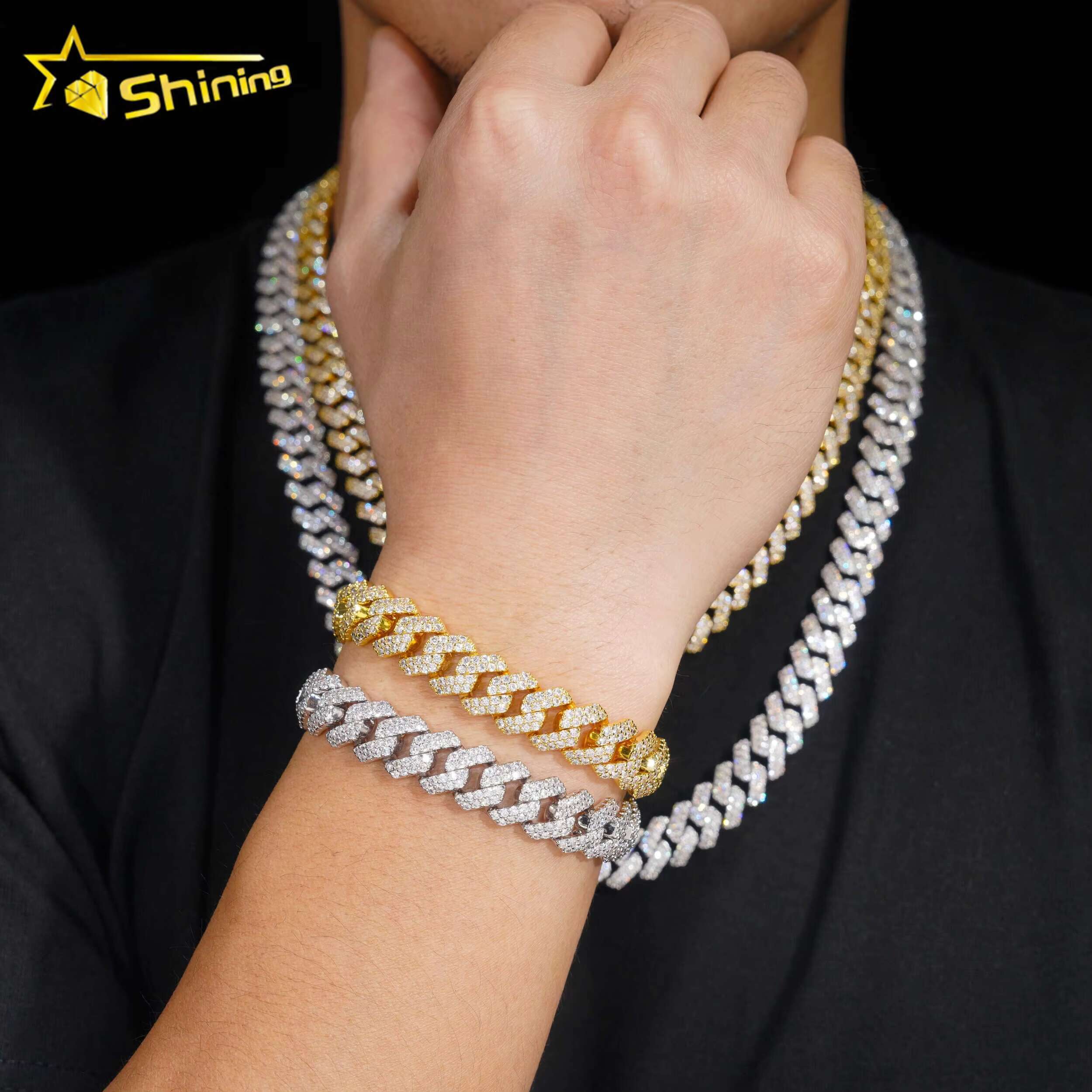 S925 Sterling Silver 12mm Prong Setting Lab Diamond Vvs Moissanite Hip Hop Necklace Jewelry Cuban Link Chain