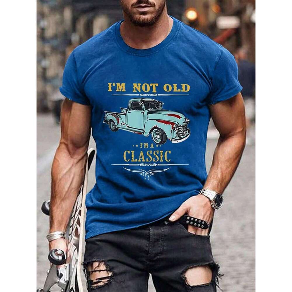 Classic car pattern printed men s T shirt comfortable fit soft fabric perfect for summer outdoor casual fashionable gift