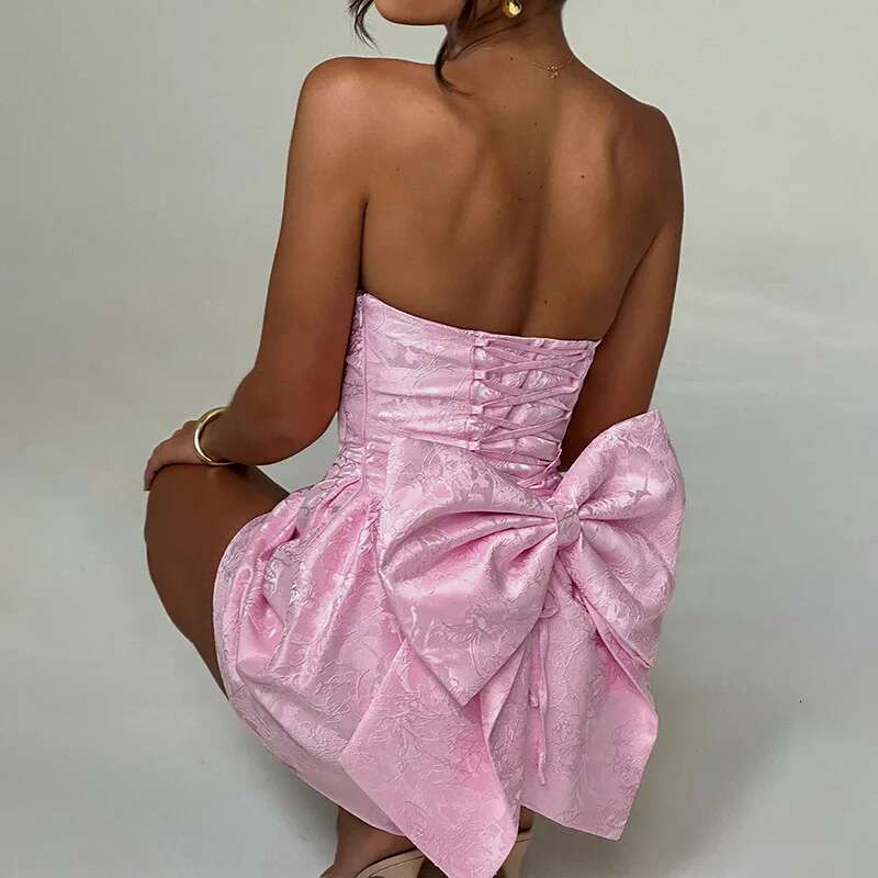 Dongdumaoyi Damesmode Zoete Getailleerde Jacquard Strapless Mini Damesjurk Met Strik