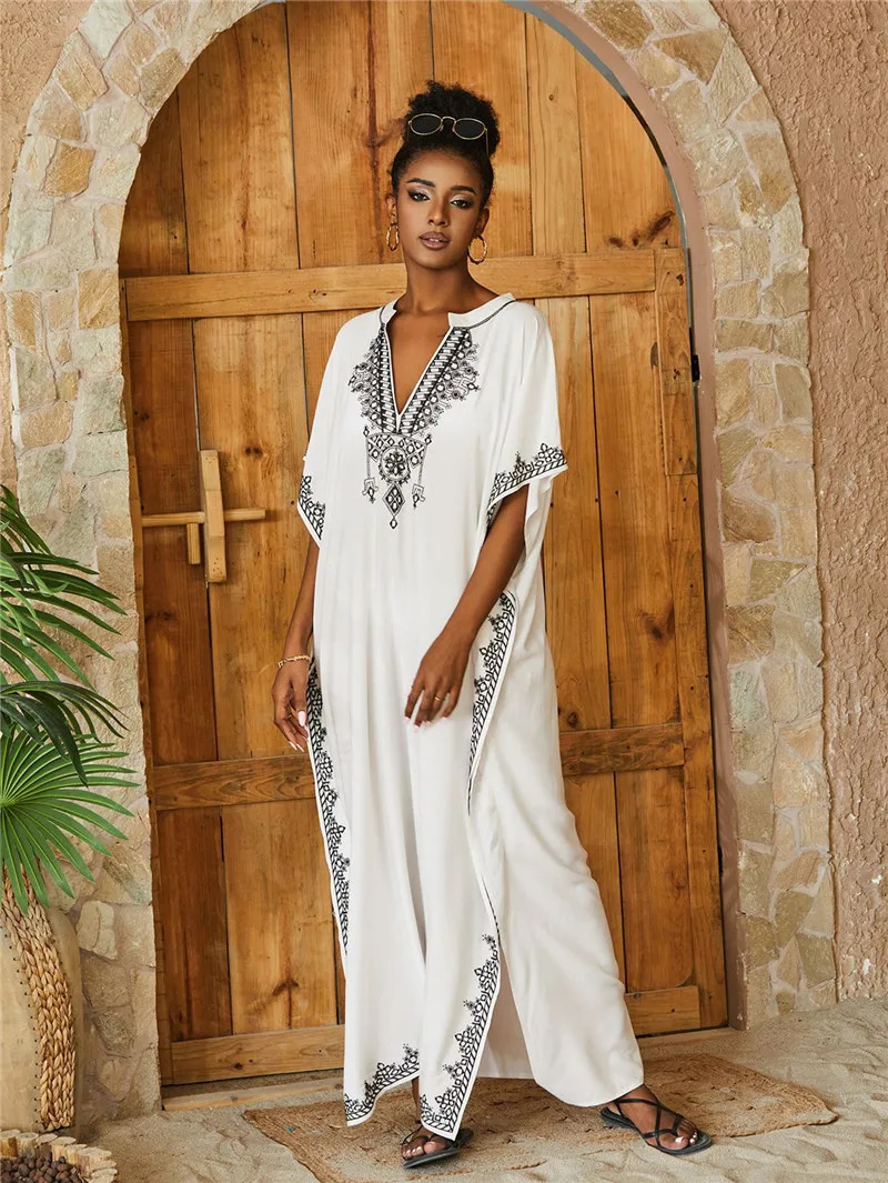 Kaftan Dress Womens Swimsuit Set Plus Size Beach Caftan Cover Ups Swimsuit Embroidery 250324