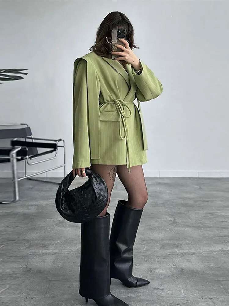 hoodie Vintage Striped Lapel Suit Jacket Women Elegant Loose Waist-Cinching With Belt Jackets Female Spring Versatile Chic Streetwear jacket