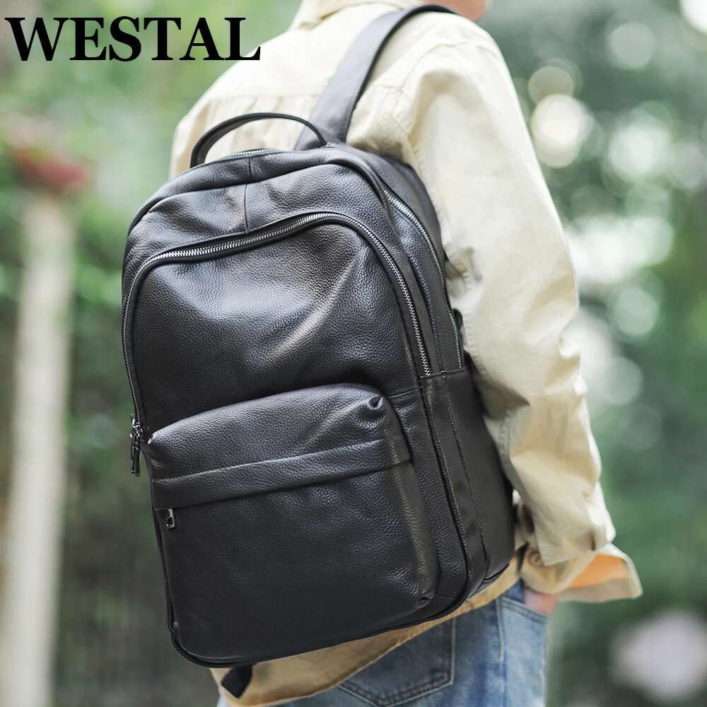 WESTAL Genuine Leather School Students Mochila Laptop Bag 15.6'' Black Large Men Backpack For Travel 332