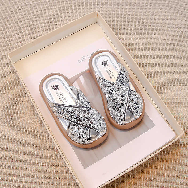 Slipper 2024 summer British style childrens slippers with sequins for girls middle-aged and young children princess shoes S25326