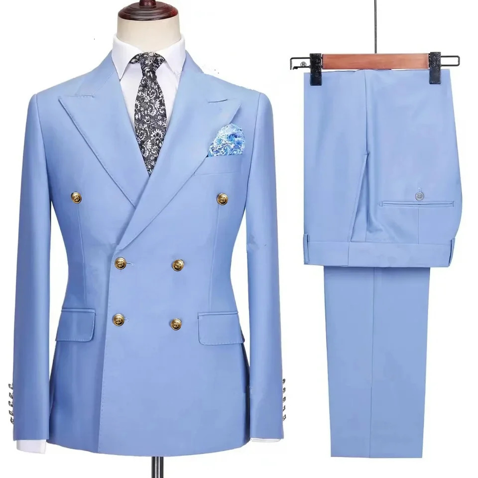 Fashionable mens casual boutique business banquet solid color wedding double chest ultrathin set jacket pants 250326