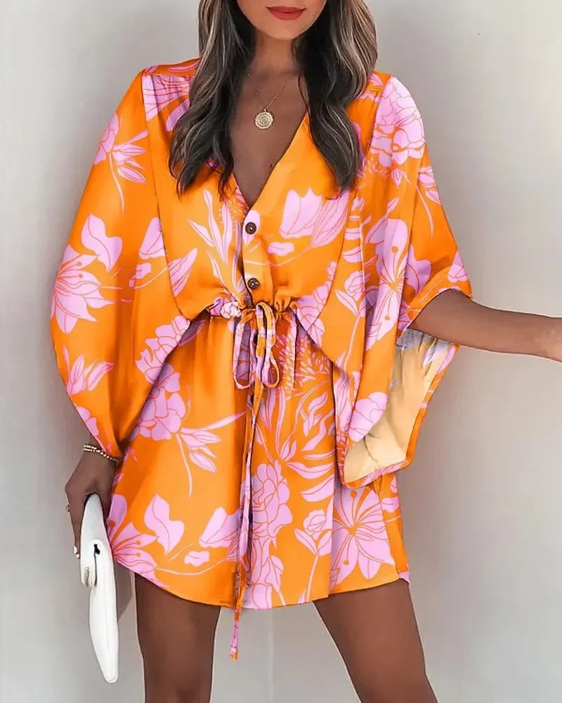 Summer casual brushed lace up mini loose dress with fashionable print batsleeves beach sexy button Vneck womens party cover 250326