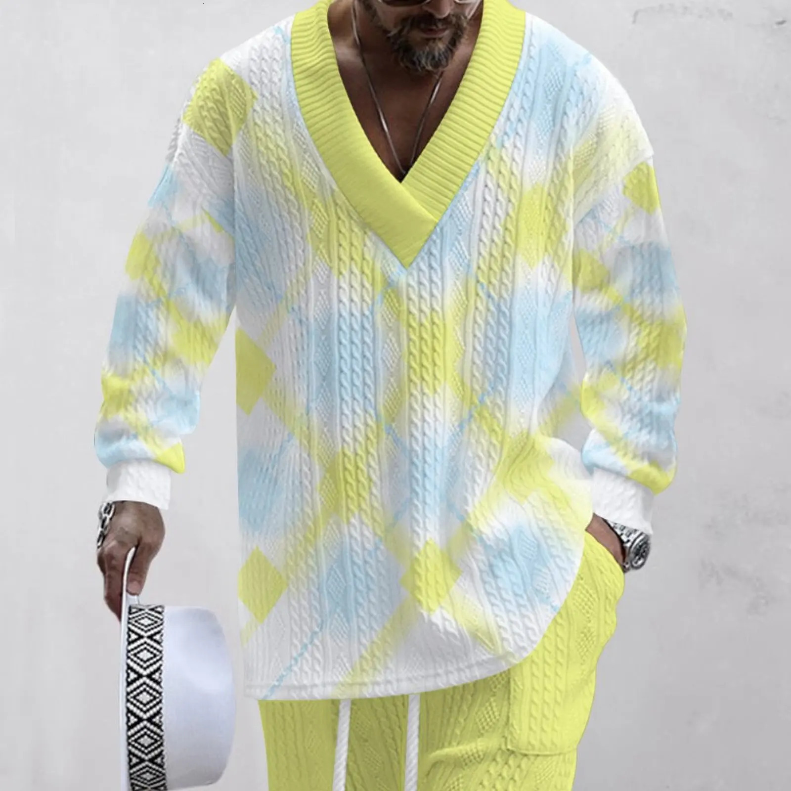 2024 autumn mens loose casual sportswear highquality jacquard Vneck long sleeved twopiece set 250326