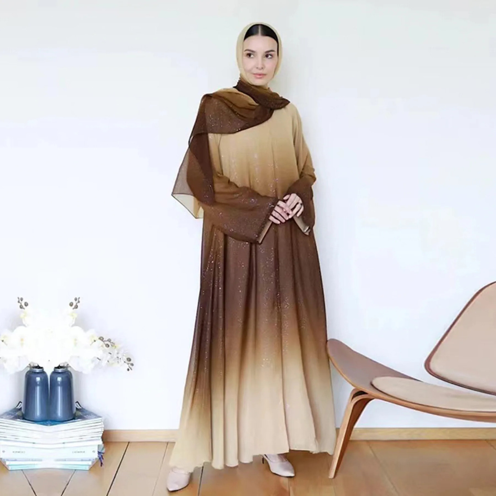 Dubai y gradient color Abaya open kimono Muslim dress with scarf moderate robe Khimar Islamic Ka Caftan Jalabiya Kaftan 250326