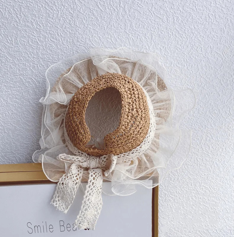 Korea Baby Girls Lace Straw Hat Cute Bow Princess Children Panama Caps Sun Protection Caps Kids Visor Hat Child Beach Cap 250326