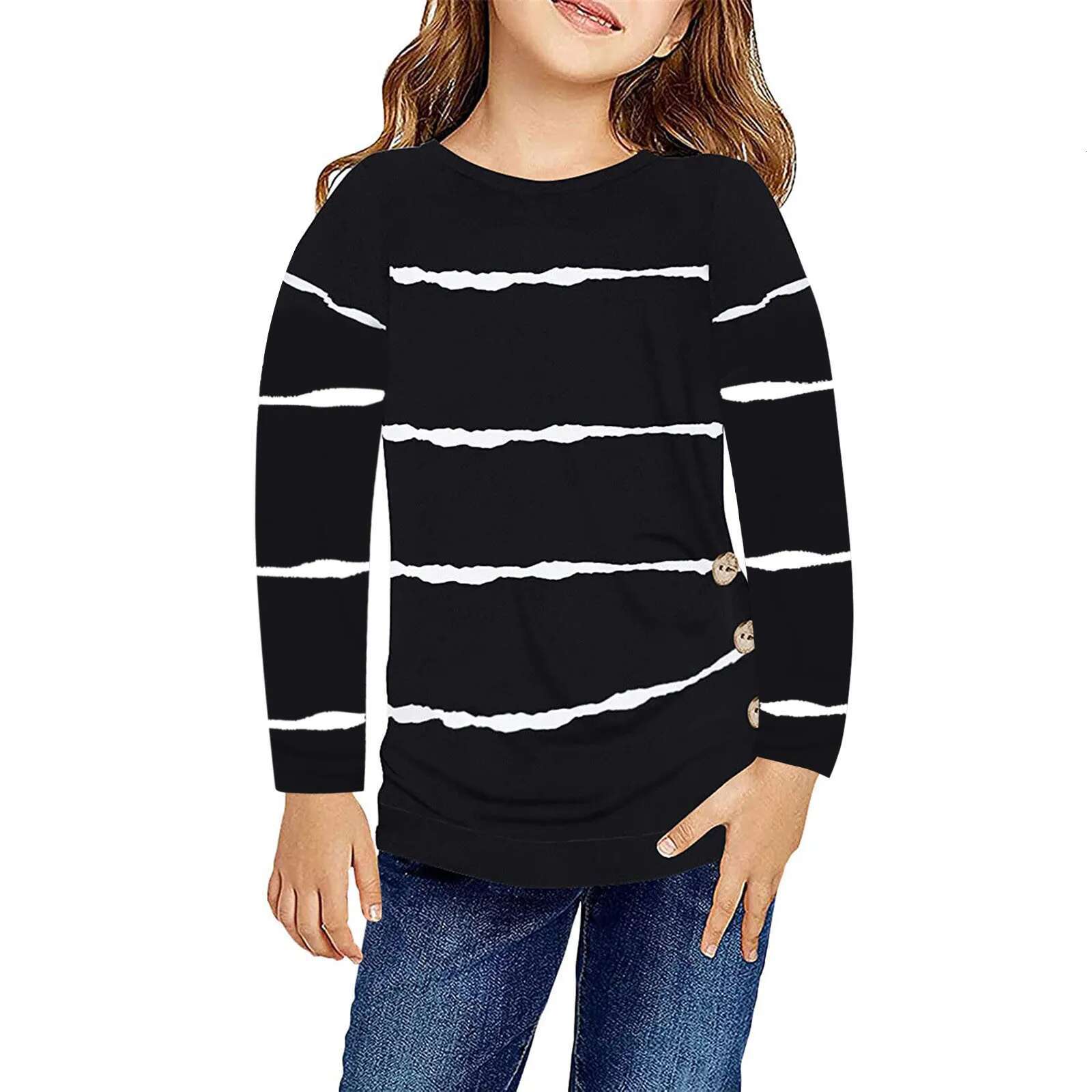Ddmyshoesvip Old Little Girls Casual T Shirts Autumn Long Sleeve Striped Crewneck Tunic Tops Kids Tee Blouses T Shirt