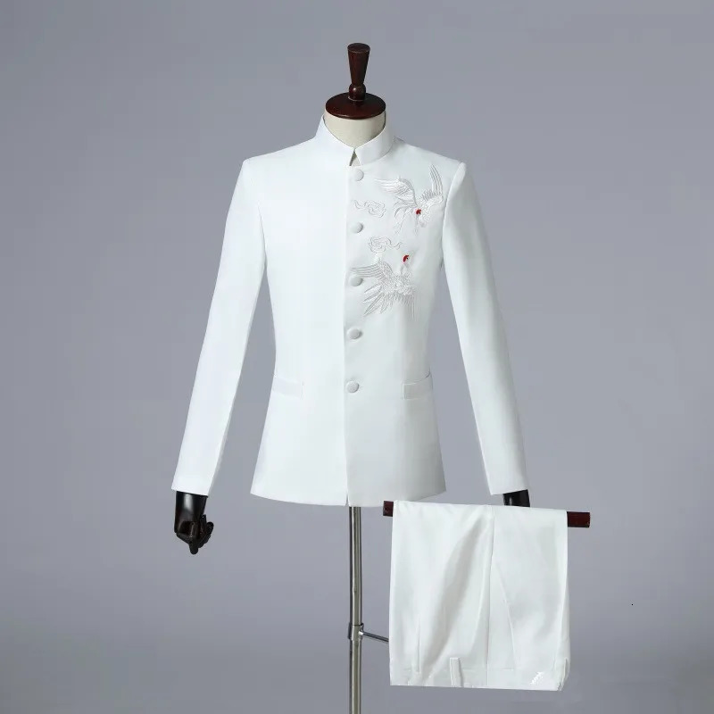 Chinese y Stand up Collar Set 2piece Fashionable Mens Wedding Ball Performance Jacket and Pants 250326