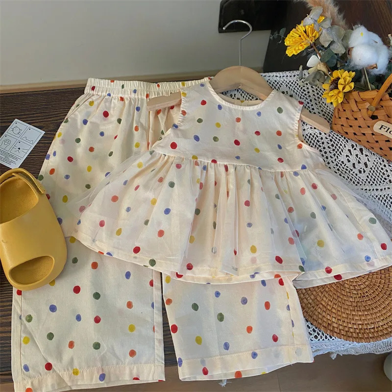 Childrens Clothing Sets Color Polka Dot Sleeveless Top Wide Leg Pants 2pcs Toddler Girl Clothes Kids Boutique Clothes 250326