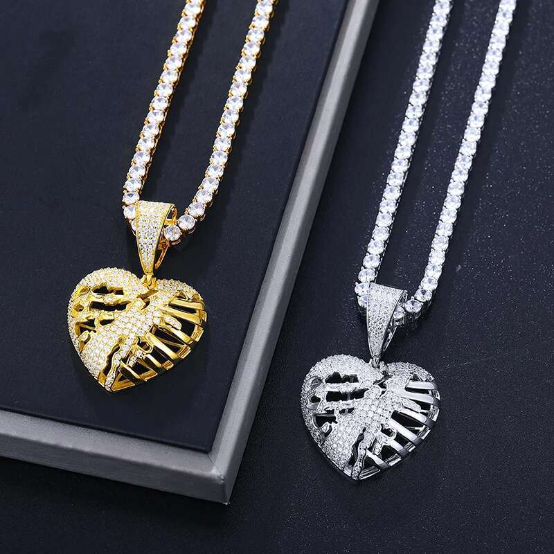 Hip Hop Iced Out Bling Hollow Heart Pendant Necklace 925 Sterling Silver Moissanite Heart Broke Pendant For Men Women Jewelry