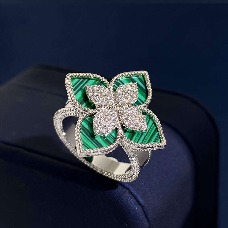 Live streaming new RC shaped petal ring, palace style diamond inlaid four leaf flower blue turquoise ring