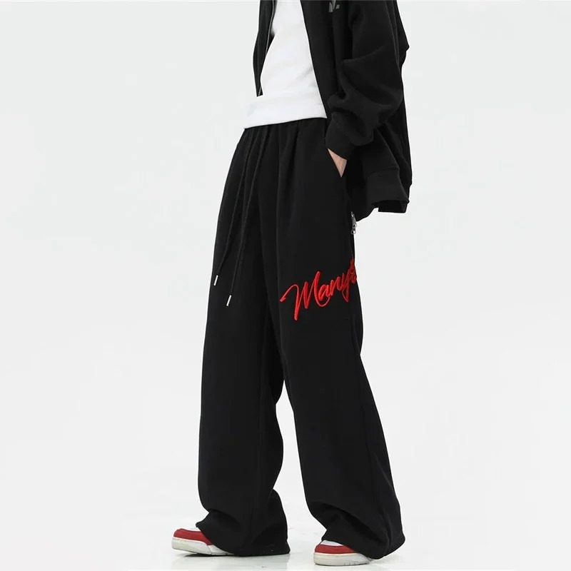 American Fashion Letter Hip Hop Wide Leg Pants Mens Y2K Street Clothing Bag Straight Hombre Gym Sports 250327