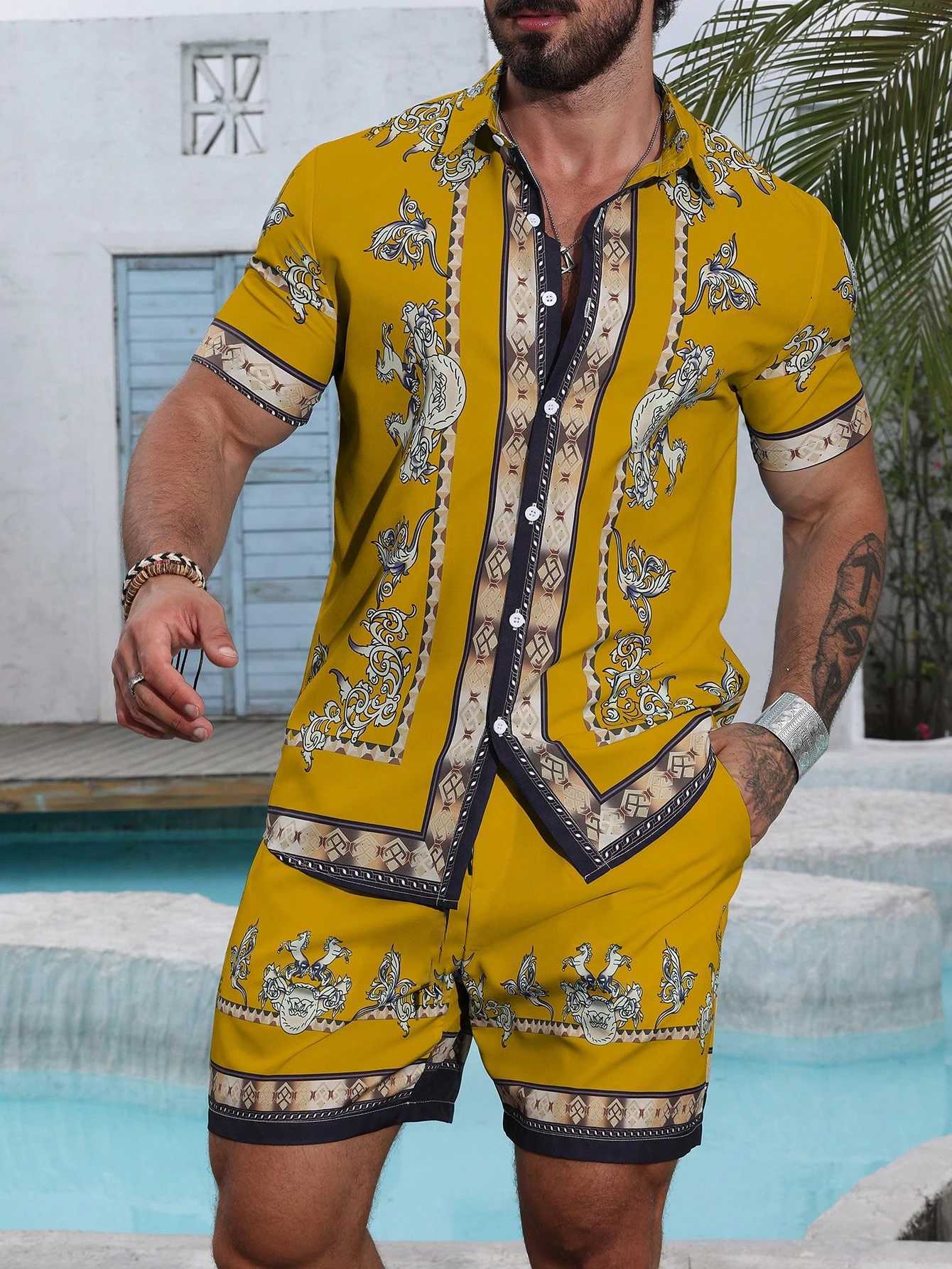 Baroque luxury printed mens shirt shorts 2-piece set summer casual shirt Hawaiian beach short sleeved mens setXJ250326