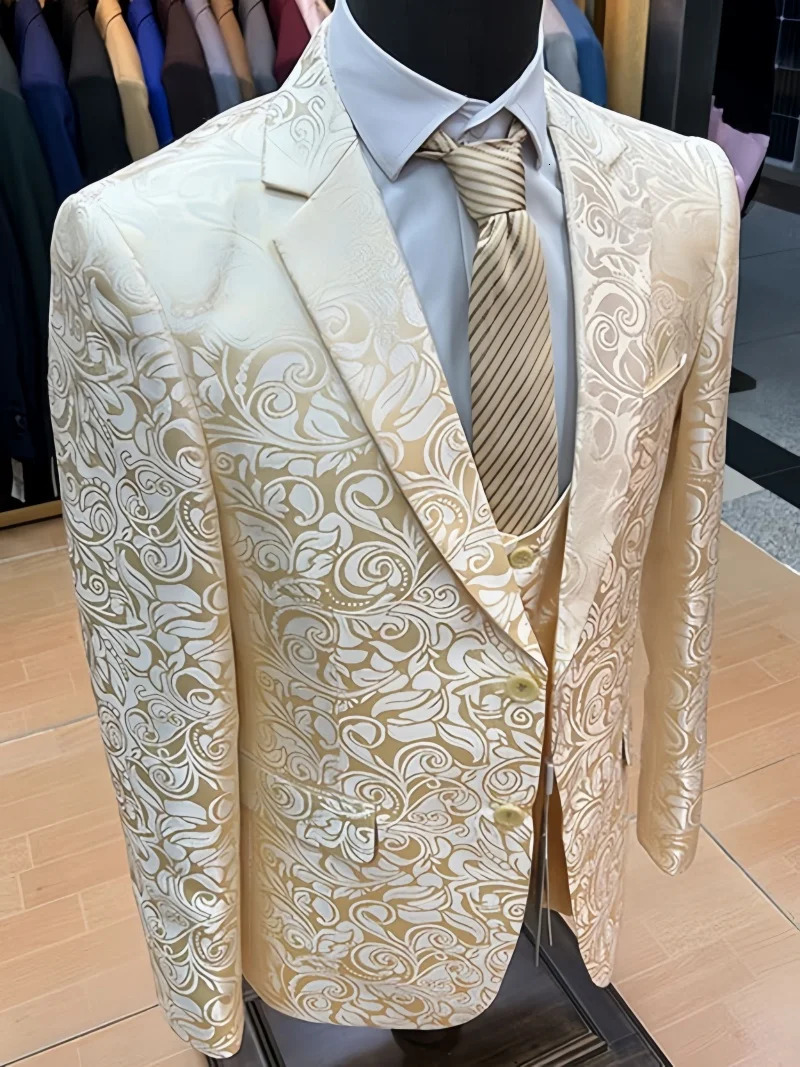 Fashionable Jacquard Elegant Mens 3Piece Set Wedding Groom Evening Dress Jacket Pants Vest Formal Banquet Ball 250326