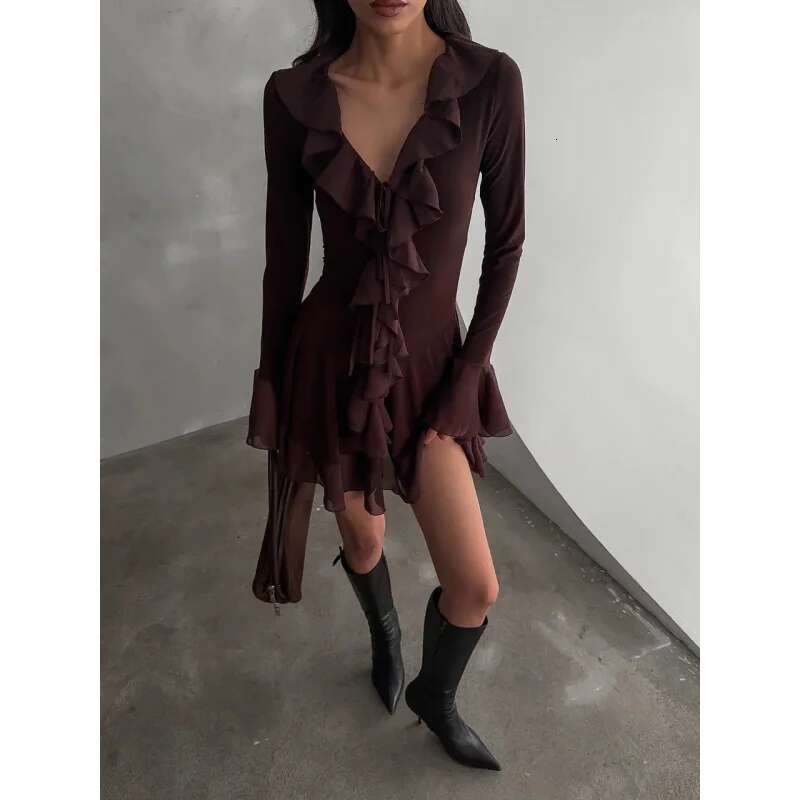 Dongdumaoyi Lente Nieuwe Vrouwen Verfijnde Effen Kleur Diepe V Ruche Trim Flare Mouw Chiffon Korte Jurk C