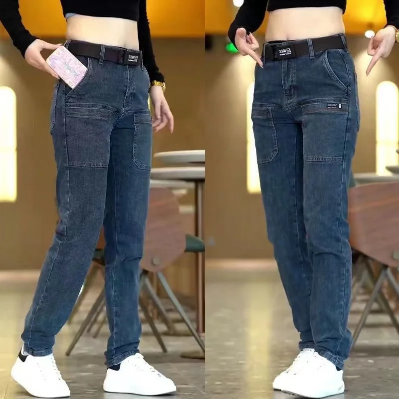2024 Mens Casual Multiple Pockets Jeans Mid-Waist Elastic Straight Denim Trousers Versatile Loose Personality Pants 250317