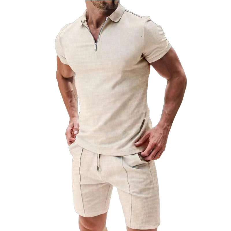 European and American mens short sleeved summer waffle solid color loose neck Tshirt casual sportswear 250327