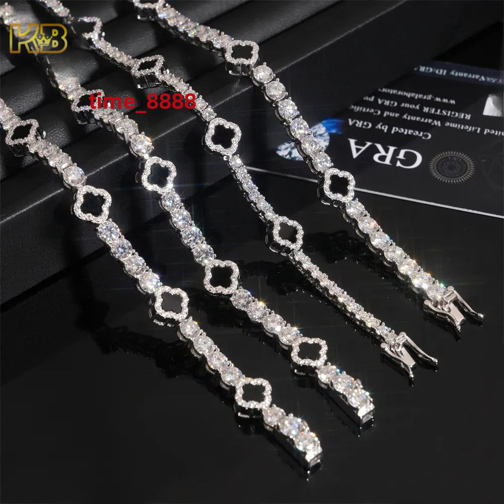 Iced Out 3mm 5mm 925 Silver Moissanite Diamond Tennis Necklace with Four-leaf Clover Design Fashion Tennis Jewelry for Men Women