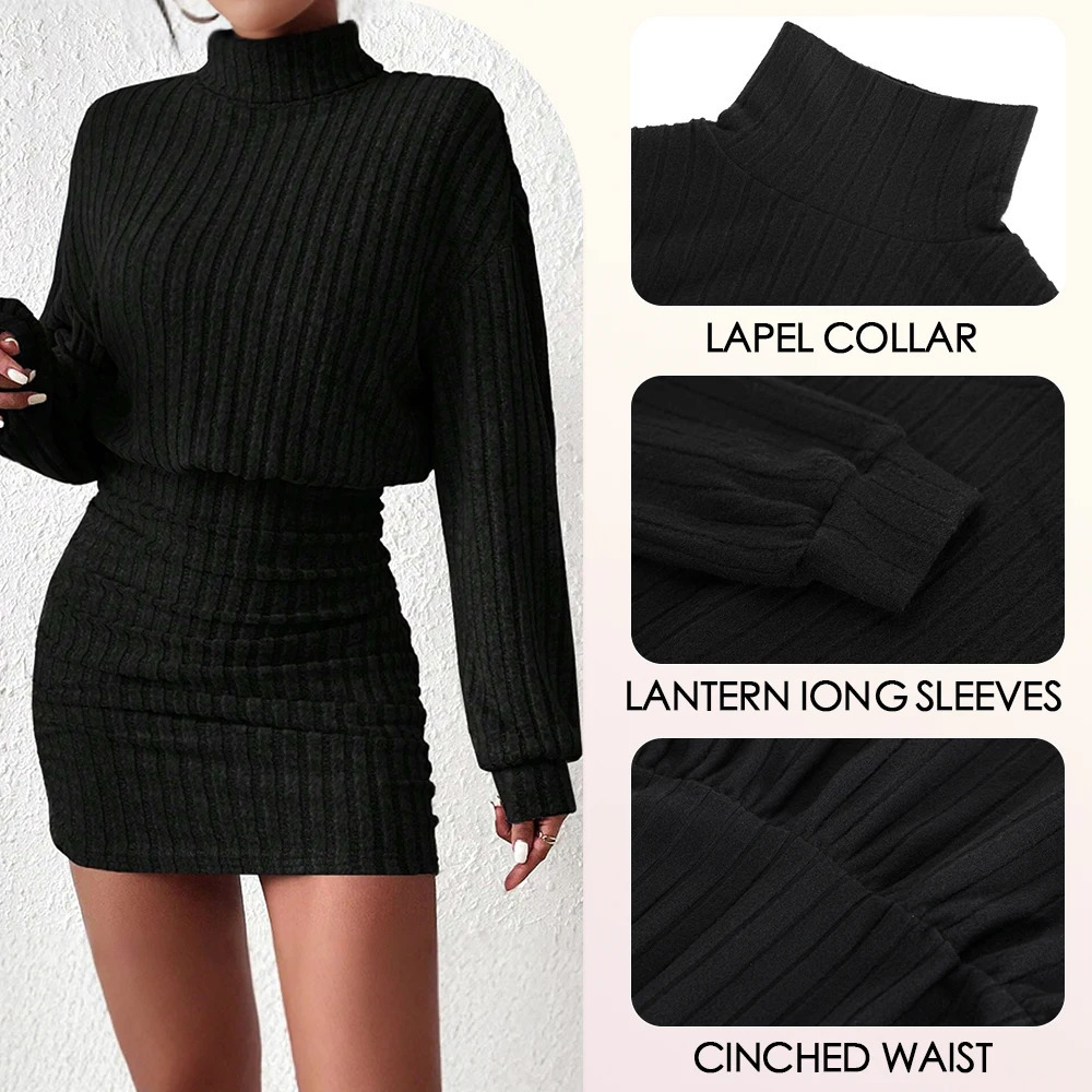 Mia Muse Womens Dress Autumn/Winter Casual Plain Pulling Flower Long Lantern Sleeves High Collar Mini A-Line Short Skirt 250322