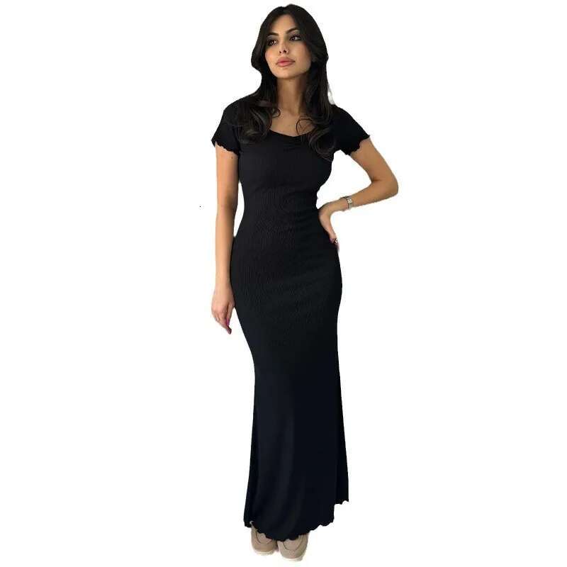 Dongdumaoyi Mode Effen Elegante Lange Damesjurk Uit Met U Hals En Korte Mouwen Getailleerd Silhouet