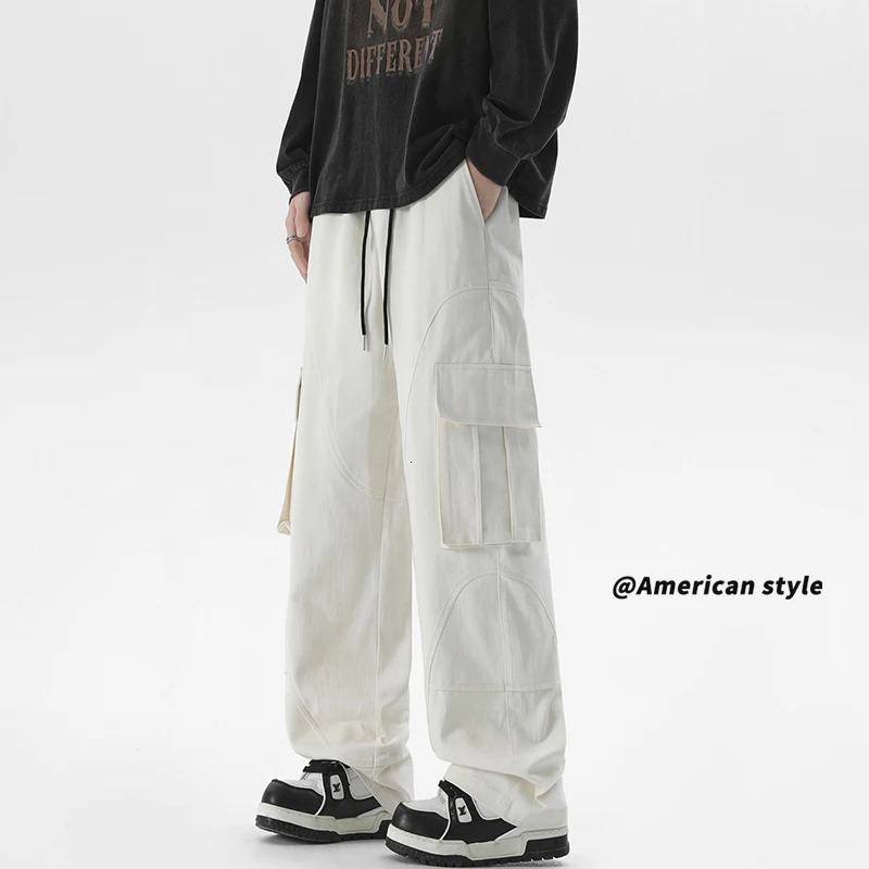 Classic mens loose cargo pants solid color large pocket casual fashionable streetwear retro wide leg 250327