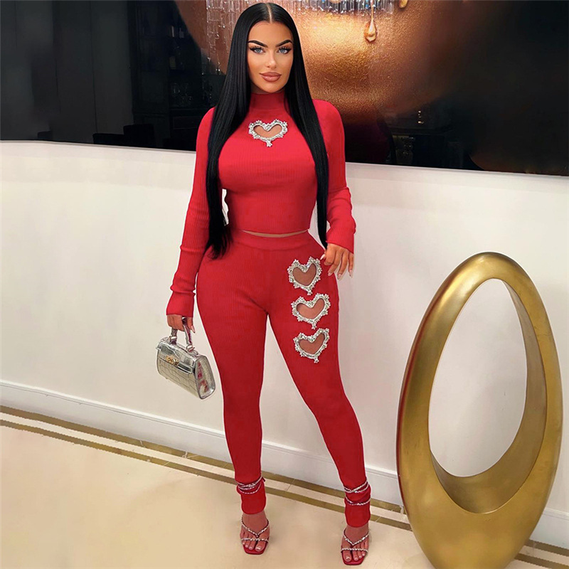 Designer Jumpsuit Spring Long Sleeved Set 2025 New Fashion Casual Hollow Out Women's Sports Set Hot Diamond Top High Waist Tight Women's Pan