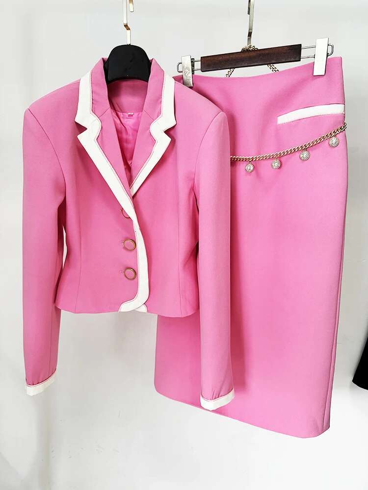 HIGH STREET Newest Fashion 2024 Designer Set Women's Color Block Slim Fitting Blazer Chains Midi Skirt Suit