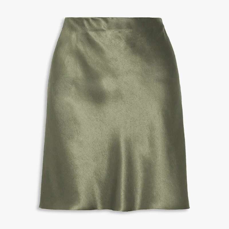 Dongdumaoyi Dames Acetaatsatijnen Midi Rok Lente Zomer Nieuwe Elastische Hoog Getailleerde Effen Kleur Minirok C