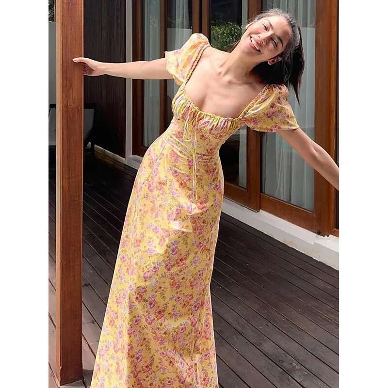 Dongdumaoyi Nieuwe Lente Sexy Vierkante Hals Pofmouwen Bloemen Tie Taille Jurk C