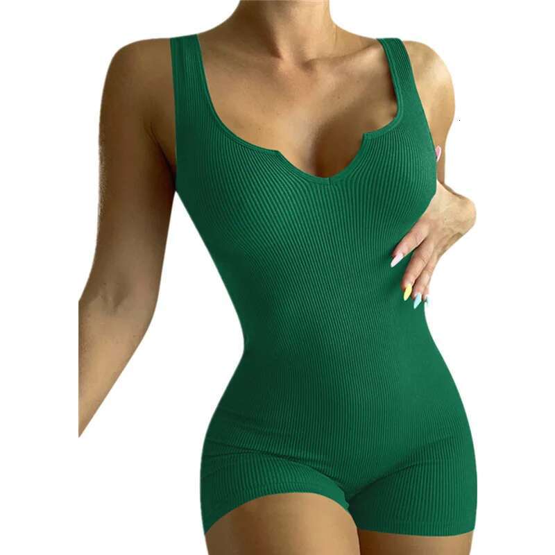 Dongdumaoyi Dames Nieuwe Lente Zomer Effen Kleur Geribbelde Kleine V Hals Slim Fit Casual Jumpsuit