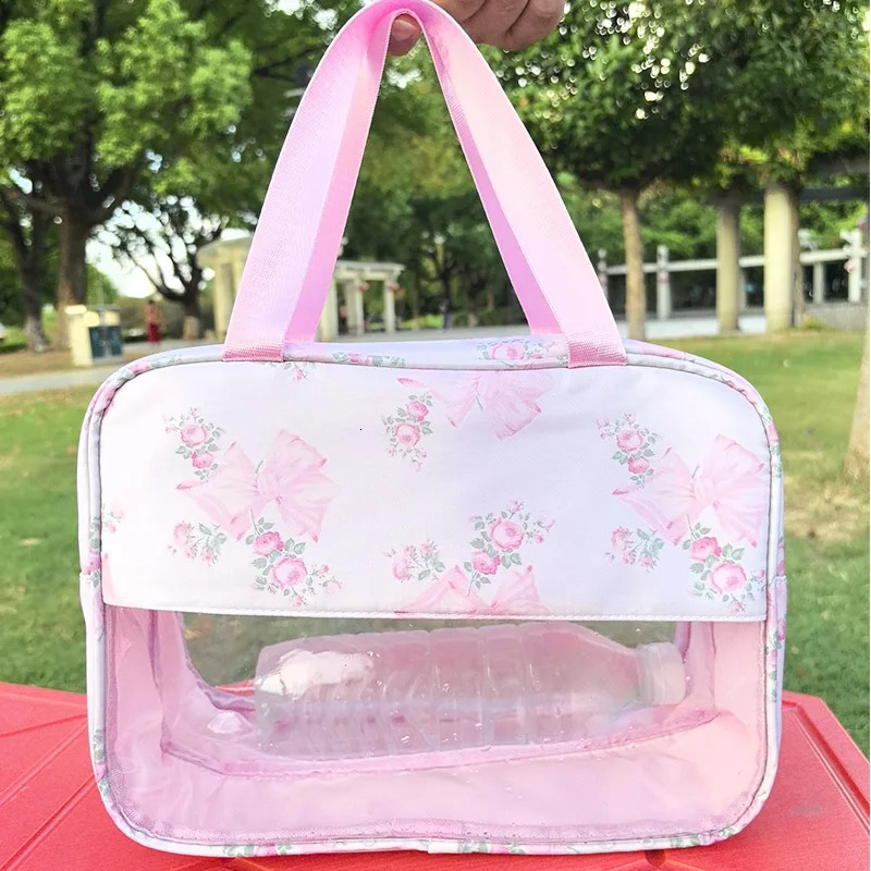 Pink Bow Makeup Bag Nylon Waterproof Large Capacity Travel Dry Wet Separation Double Zipper Storage 250326