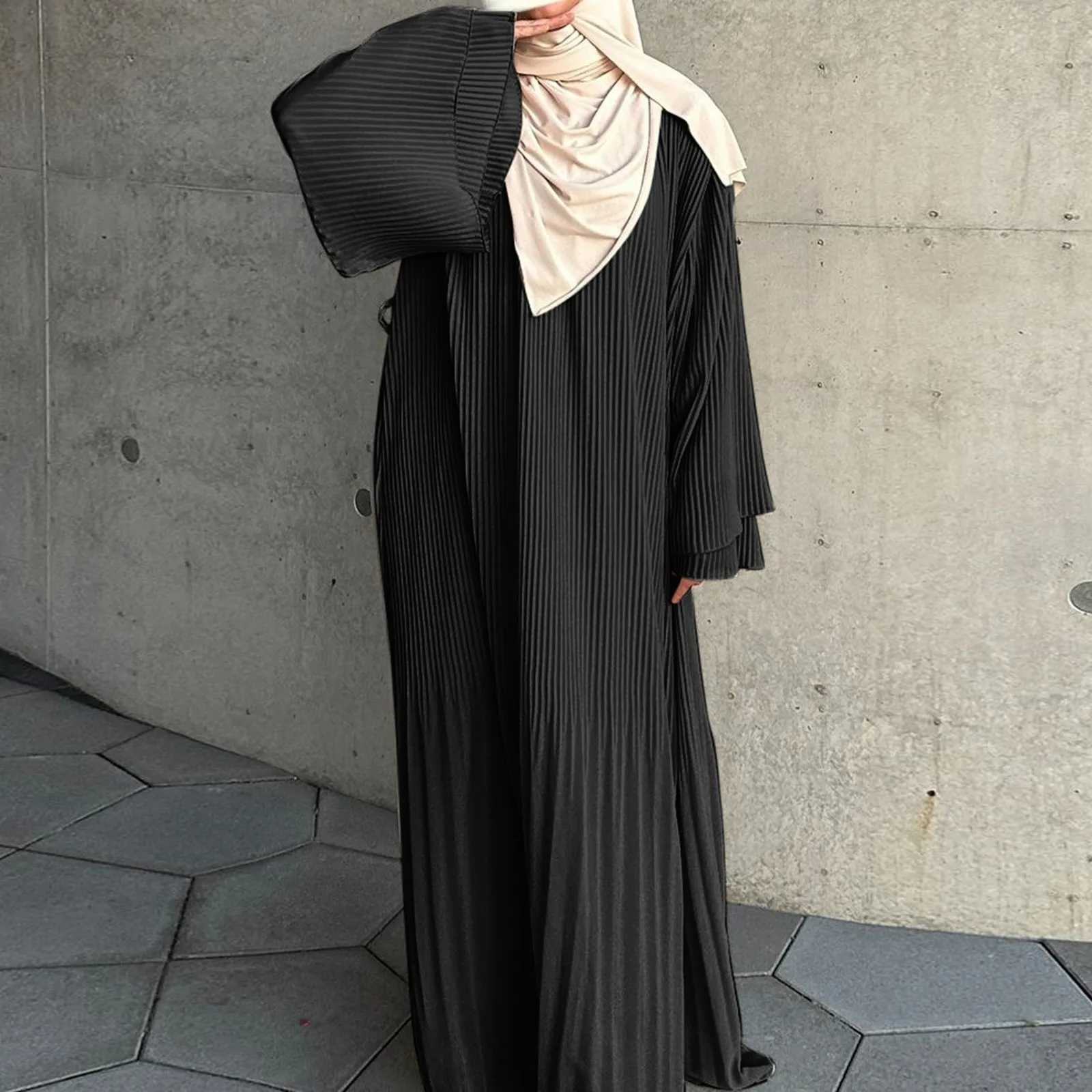 Women Muslim Modest Closed Pleated Dresses Long Slve Abaya Kaftan Basic Islamic Eid Clothes Dress Musulmane Femme Vestidos New X250514