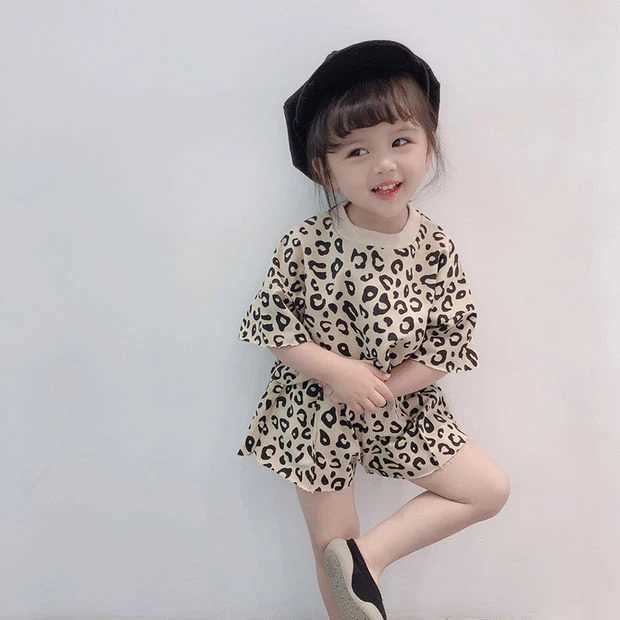 Fashion baby girl set casual summer clothing mother and child leopard print set cotton short sleeved T-shirt childrens setT250327