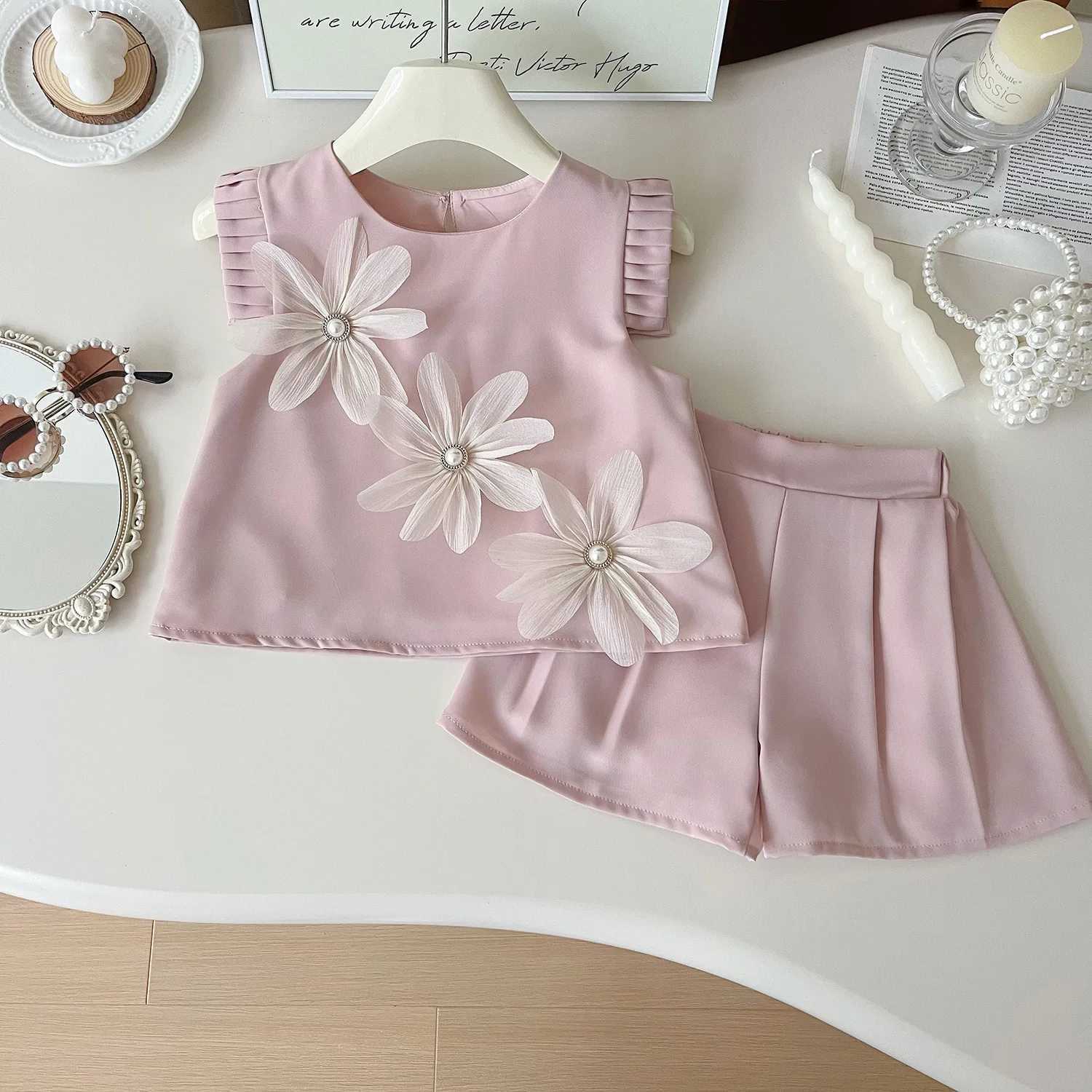 Cute summer three flower short sleeved T-shirt+short sleeved 2-piece casual set baby clothingT250327
