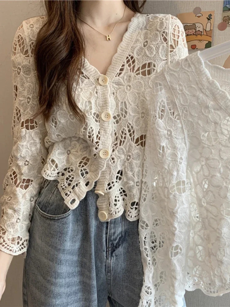 Vneck solid lace long sleeved Openwork button up top for women with a hollow mesh cardigan 250326