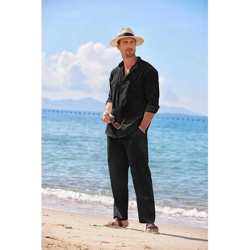 Mens casual cotton linen two-piece beach retro basic shirt and pants solid color casual set mens Hawaiian track and field setXJ250326