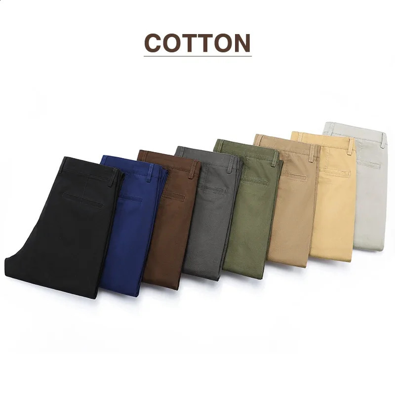97% Cotton Mens Casual Pants Autumn Fashion Comfortable Elastic Slim Straight Business Trousers Black ArmyGreen Khaki 250317