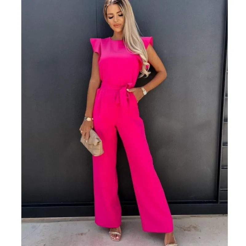 Womens casual pleated lace top womens summer jumpsuit fashionable rose red round neck short sleeved Playsuits 250326