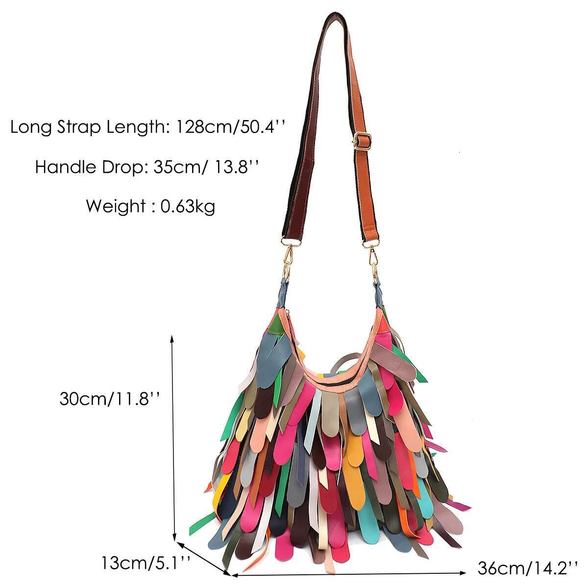 Women Daily Casual Slouchy Boho Style Colorful Real Sheepskin Tassel Fringe Hobo Shoulder Cross Body Bag Genuine Leather Handbag