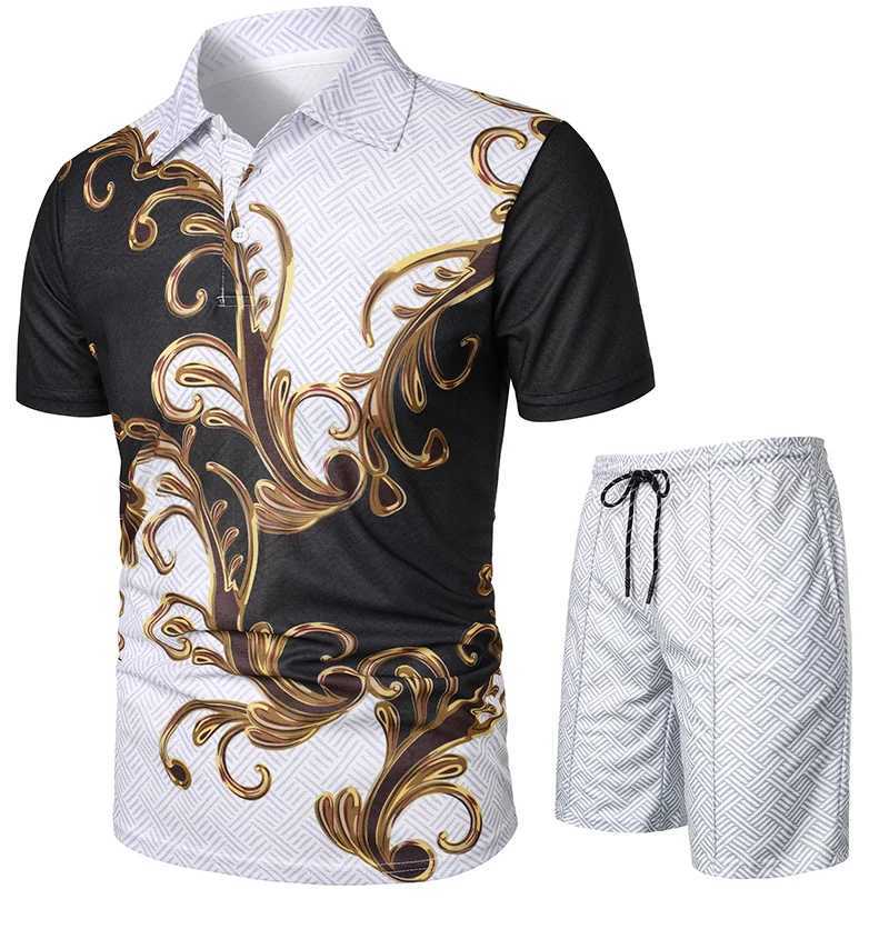 Mens summer fashion casual 3D printed polo shirt collar casual setXJ250326