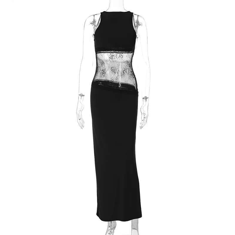 Dongdumaoyi New Sexy Hollow Out Backless Sleeveless Patchwork Lace Mid Waist Sheer Long Women Dress