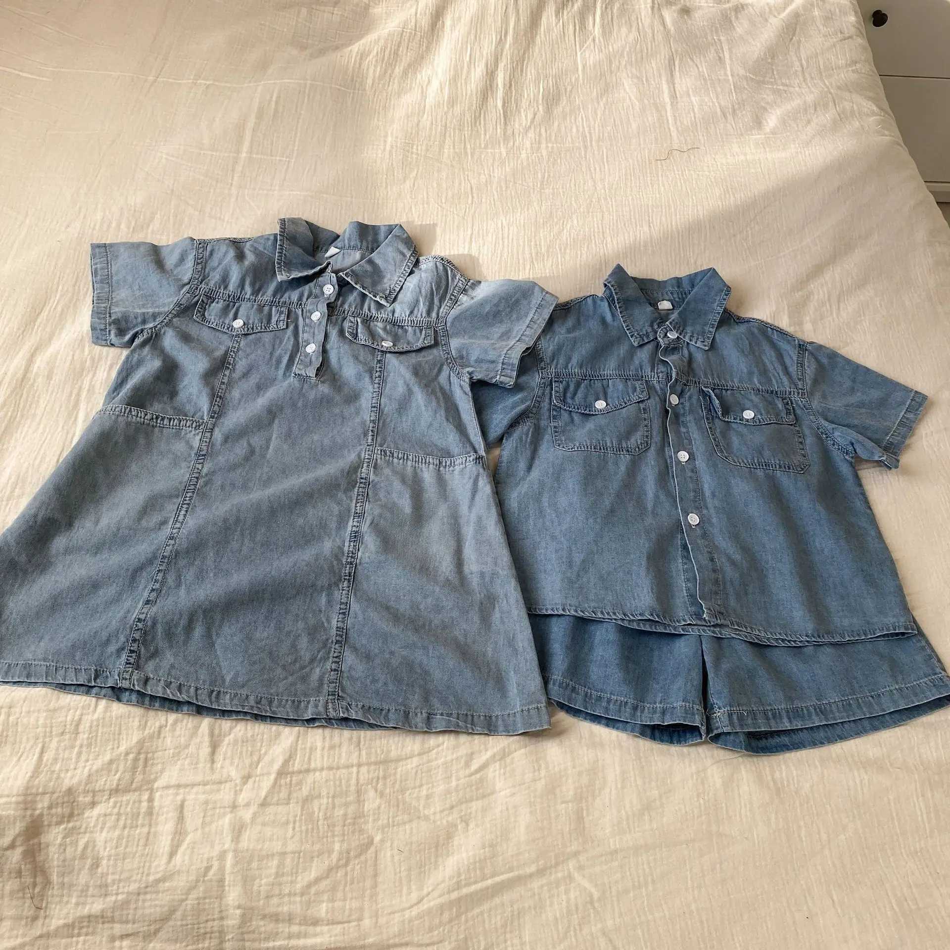 Childrens Clothing 2025 Summer New Boys Denim Set or Girls Dress Casual Brothers and sisters ClothingT250327