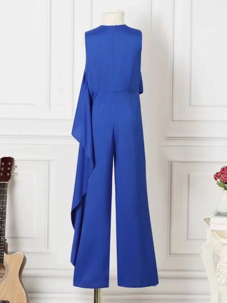 Spring Womens Plain Elegant Office Solid Color Loose Ruffle Single Shoulder Split Bottom Wide Leg jumpsuit 250326