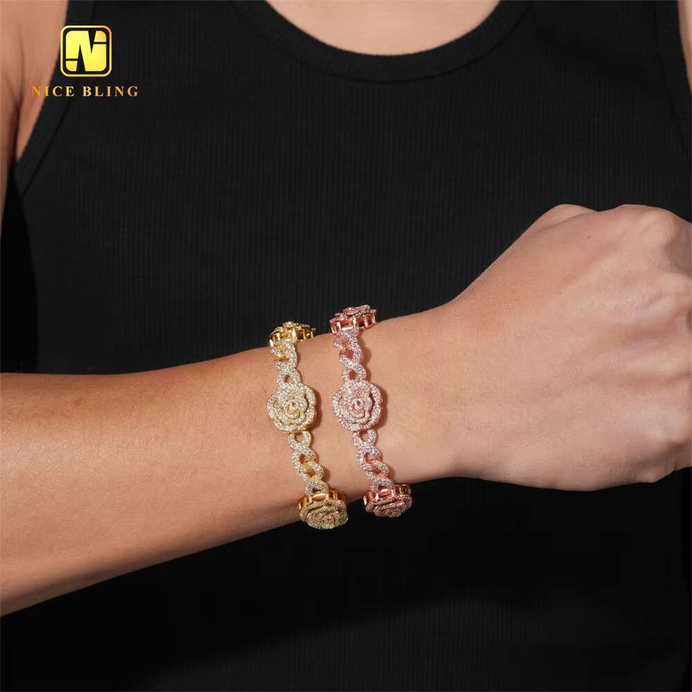 New Design Fine Hip Hop Style Jewelry Custom Iced Out 16.5mm Rose 925 Silver Cuban Link Chain VVS Moissanite Diamond Bracelet