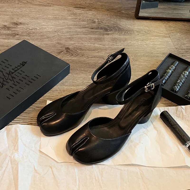 Modern Round High Heel Leather Square Split Toe Pumps Spring Summer Sandals Mary Janes Shoes Heels Women